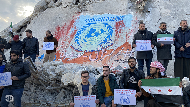 A demonstration expressing dissappointment in UN support to Syria after the earthquake