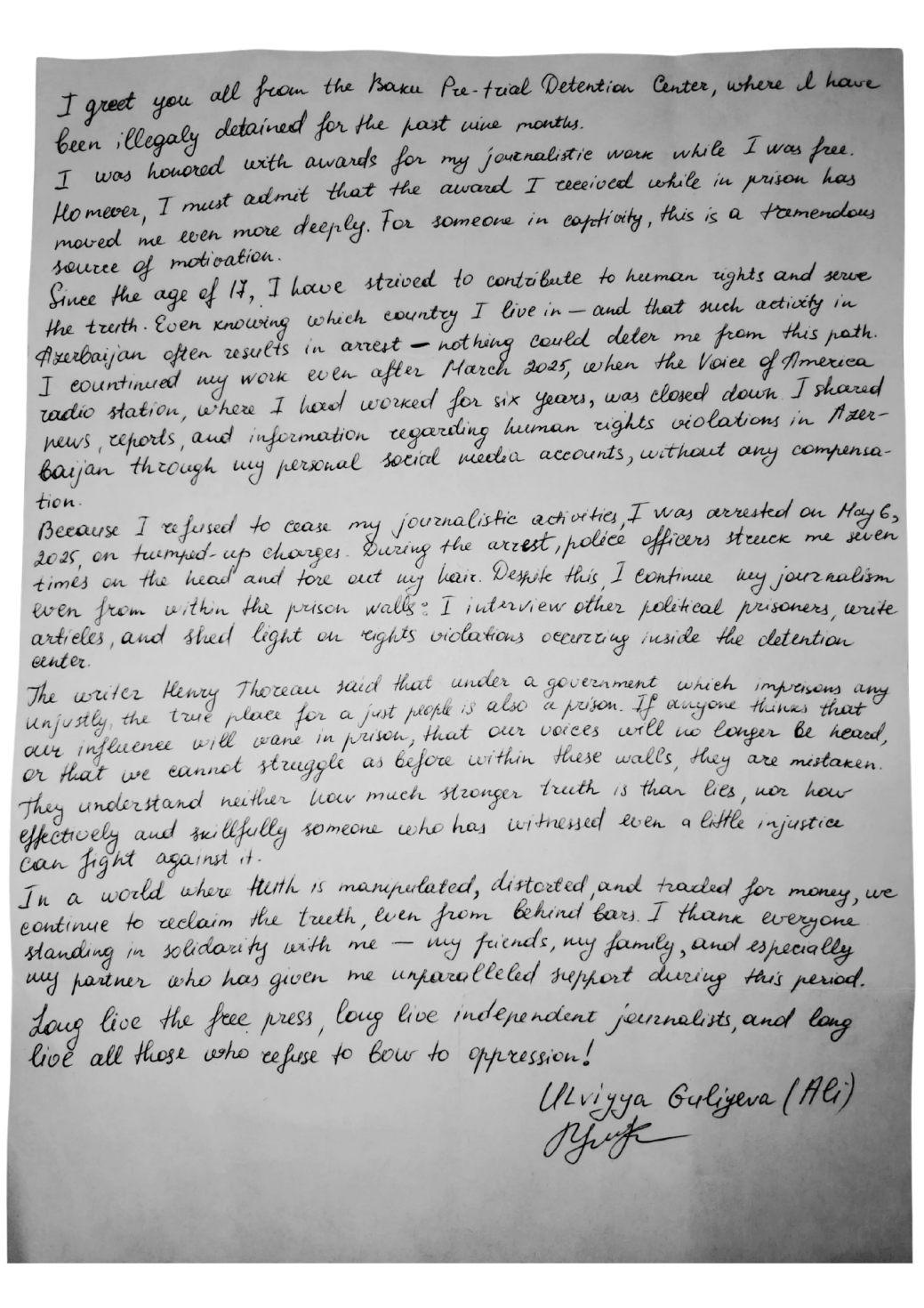 Letter Ulviyya Guliyeva