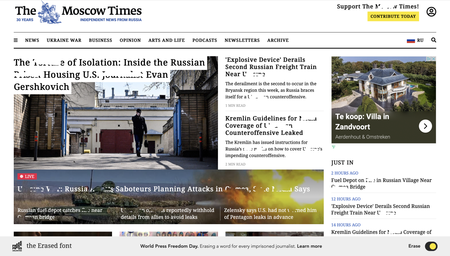 Screenshot Moscow Times homepage with The Erased font
