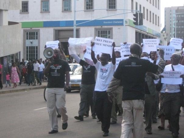 Tabani Moyo at a protest for press freedom in Zimbabwe