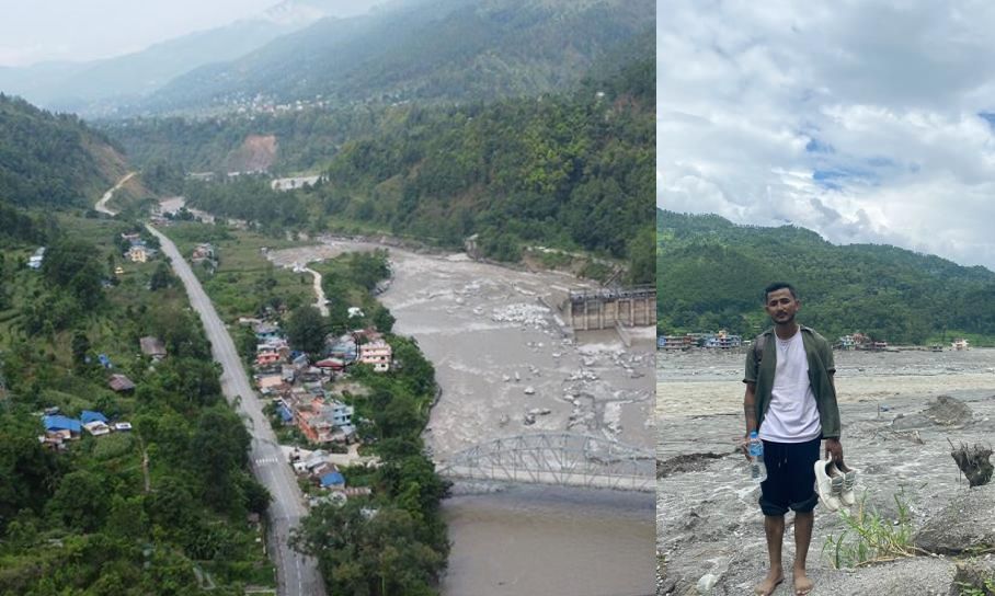 Sunny Shresta standing where his house used to be