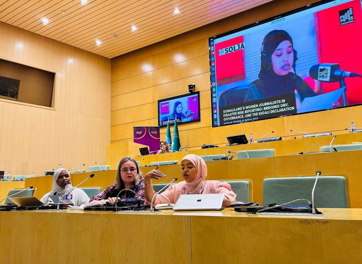 Fatima Mohamed, Hadia Dahir (SOLJA) and Fenke Elskamp (FPU) speaking at the African Women in Media Conference 2025.