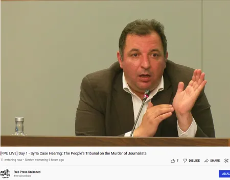 Mazen Darwish provides witness testimony live at the People's Tribunal on the Murder of Journalists.