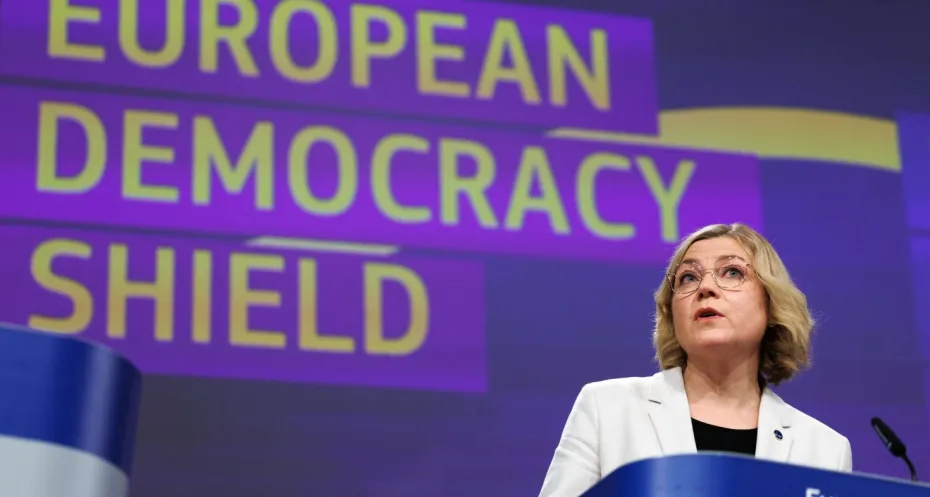 Henna Virkkunen attends a press conference on the European Democracy Shield and the EU Strategy on November 12