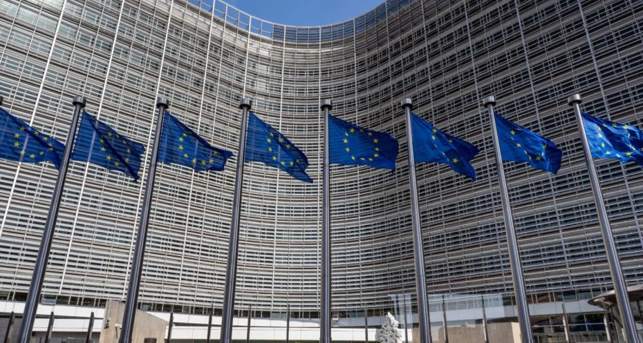 European flags in front of headquarters of European commission in Brussels