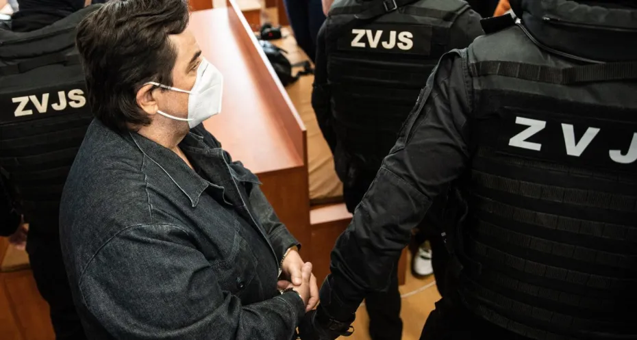 Slovak businessman Marian Kocner (L) is escorted by police for the main trial concerning the murder of journalist Jan Kuciak and his fiance Martina Kusnirova, Slovakia, 19 May 2023.