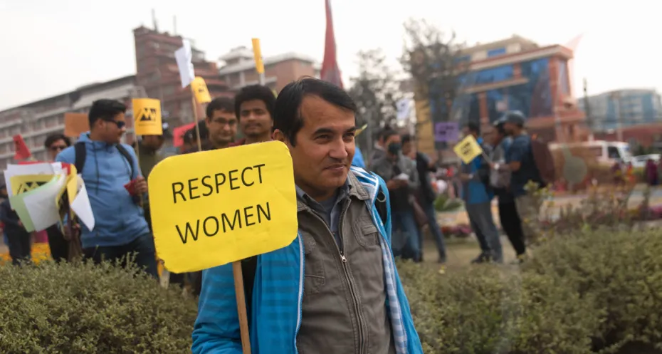 Men from media outlets and cso's who are marching to create awareness regarding women inequality in the media sector.