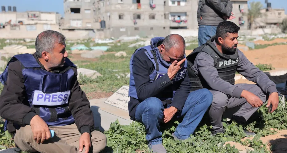 Funeral of Palestinian journalists in Rafah, Gaza.