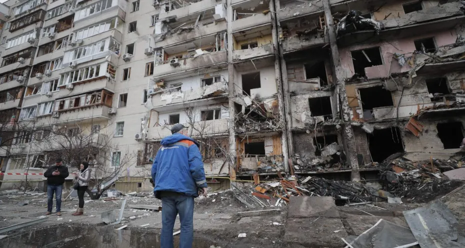 Aftermath of an overnight shelling at a residential area in Kiev, Ukraine, 25 February 2022. Russian troops entered Ukraine on 24 February prompting the country's president to declare martial law.