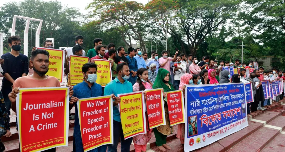 Dhaka, Bangladesh - May 18, 2021: The Student, Youth and Workers' Rights Council staged a protest at the central Shaheed Minar in protest of the harassment and arrest of senior journalist Rozina Islam