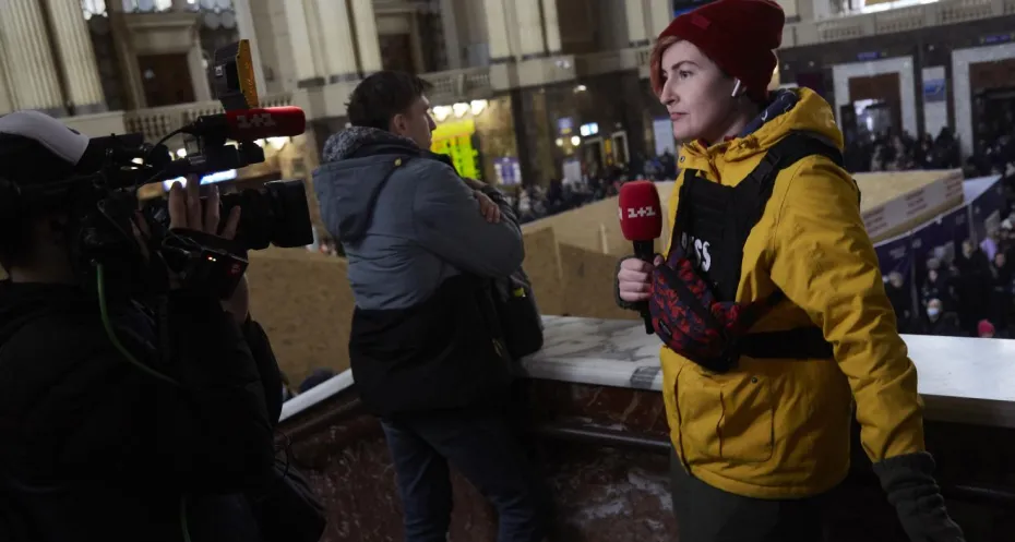 Journalist at work in Kyiv, Ukraine, after the Russian invasion.